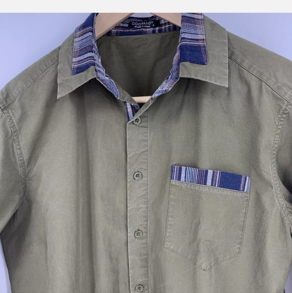 Coofandy Crisp Cotton Shirt Contrast Trim Long sleeves Olive Green size large - Picture 4 of 9